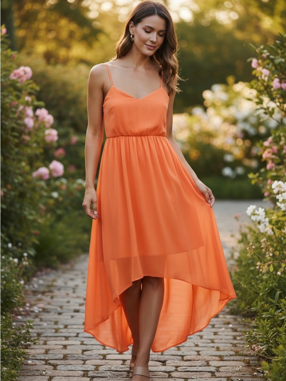 Others Follow Orange High-Low Spaghetti Strap Dress